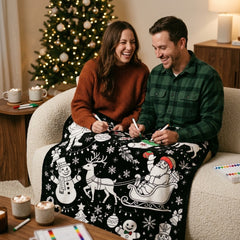 Illustration of a couple coloring the blanket on a sofa
