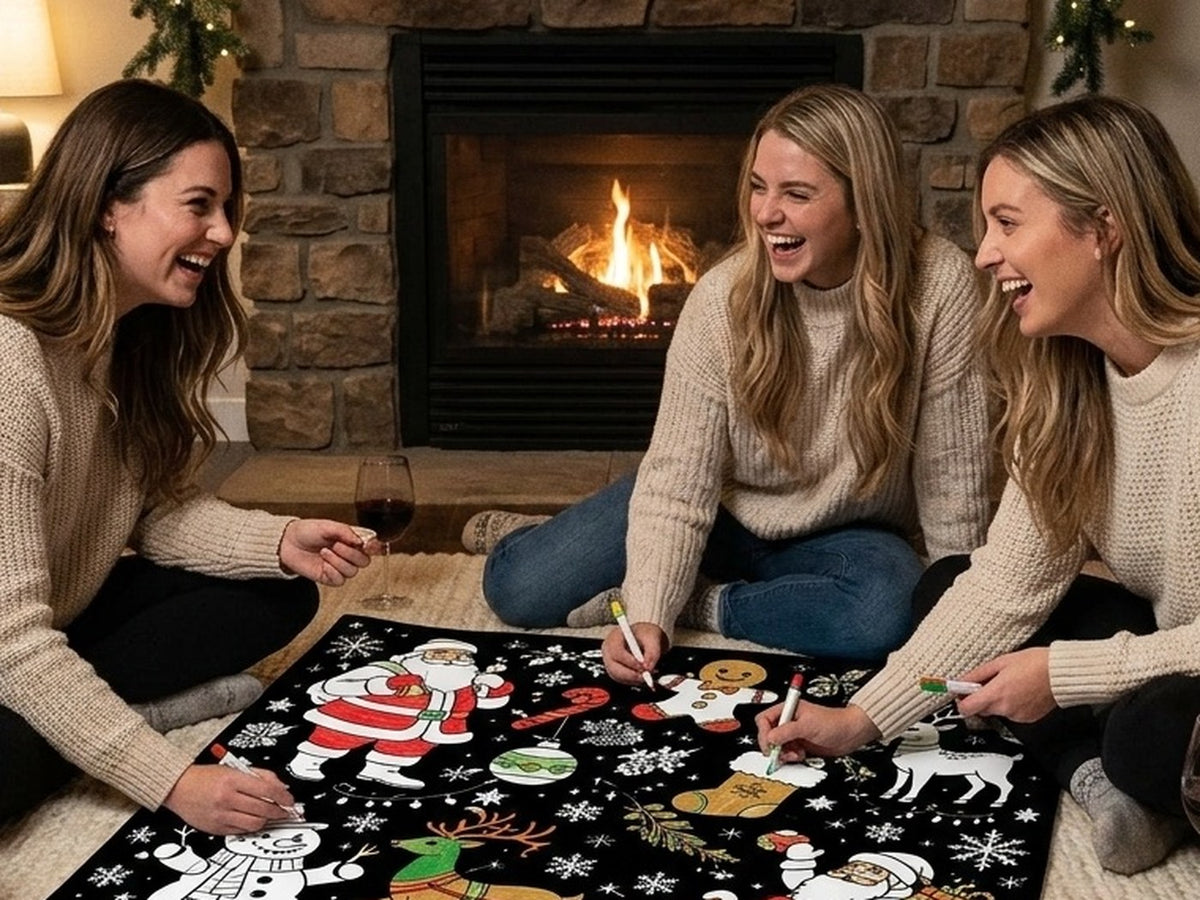 Illustration of three friends coloring the blanket by a fire